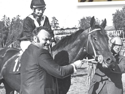 Abaris etter Derbyseieren i 1972. Trener Jacob Fretheim sr til høyre, Willie Carson på ryggen og eier Georg Benestad til venstre